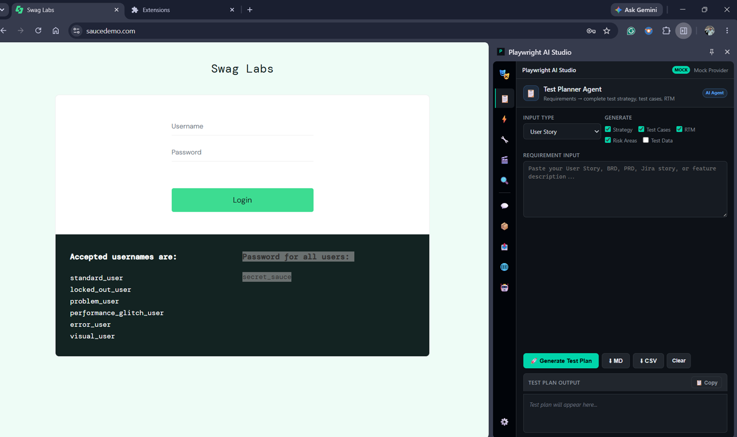 Test Planner agent panel